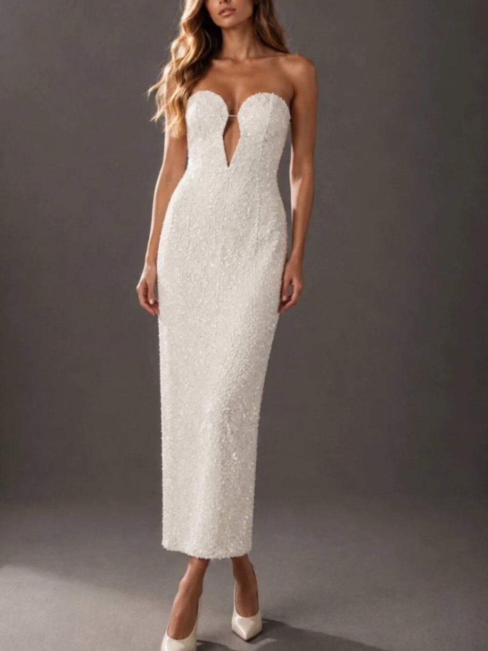 Bardot Braya Sequin Embellished Midi Dress US8 Cream Ivory Wedding Cocktail